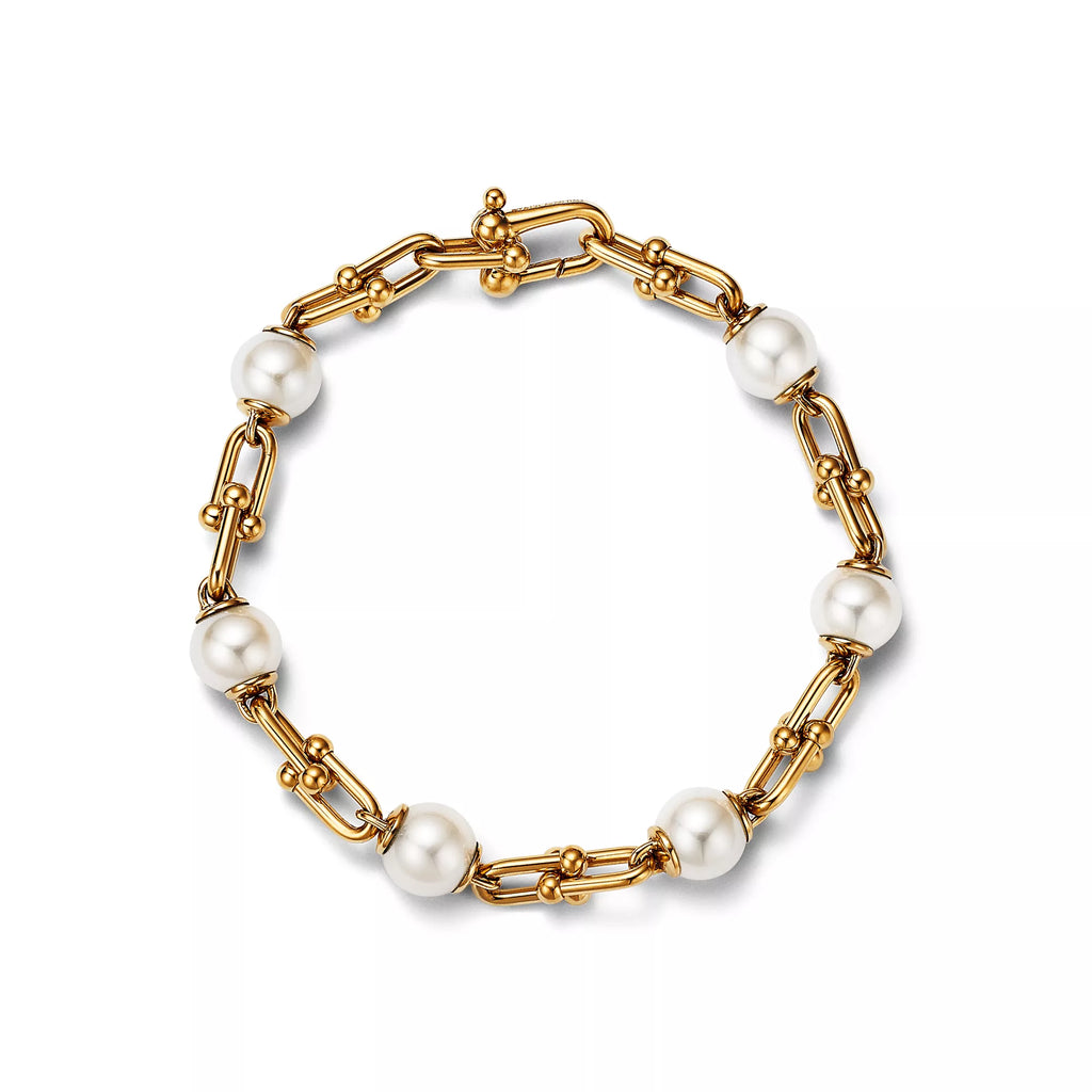 İnci Detaylı Sarı Altın Kaplama Zincir Bileklik – 925 Ayar Gümüş