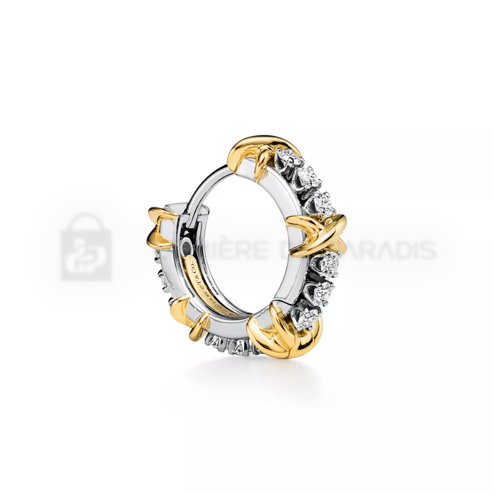 Pırlantalı Platin ve Sarı Altın Kaplama İnce Küpe – 925 Ayar Gümüş