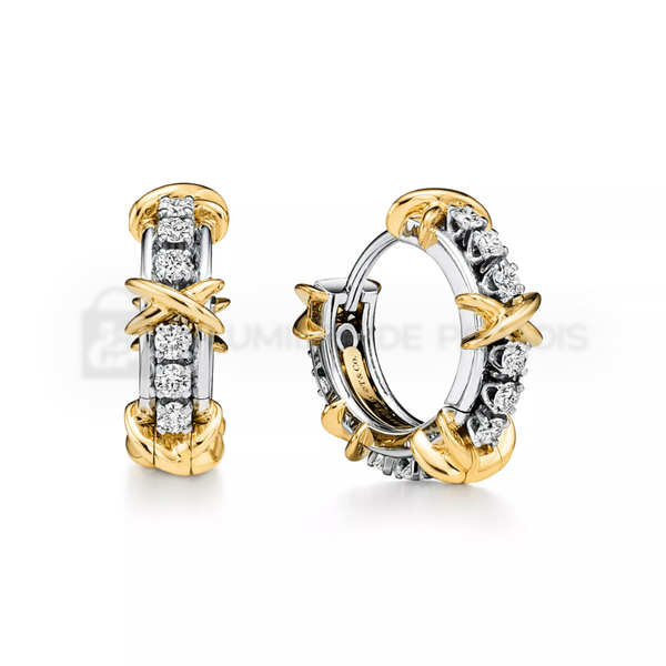 Pırlantalı Platin ve Sarı Altın Kaplama İnce Küpe – 925 Ayar Gümüş