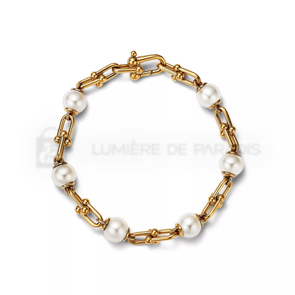 İnci Detaylı Sarı Altın Kaplama Zincir Bileklik – 925 Ayar Gümüş