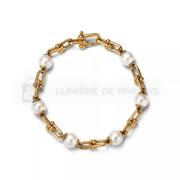 İnci Detaylı Sarı Altın Kaplama Zincir Bileklik – 925 Ayar Gümüş