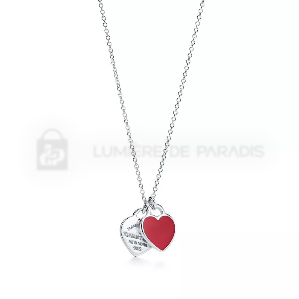 Kırmızı Mini Çift Kalp Etiket Kolye – 925 Ayar Gümüş