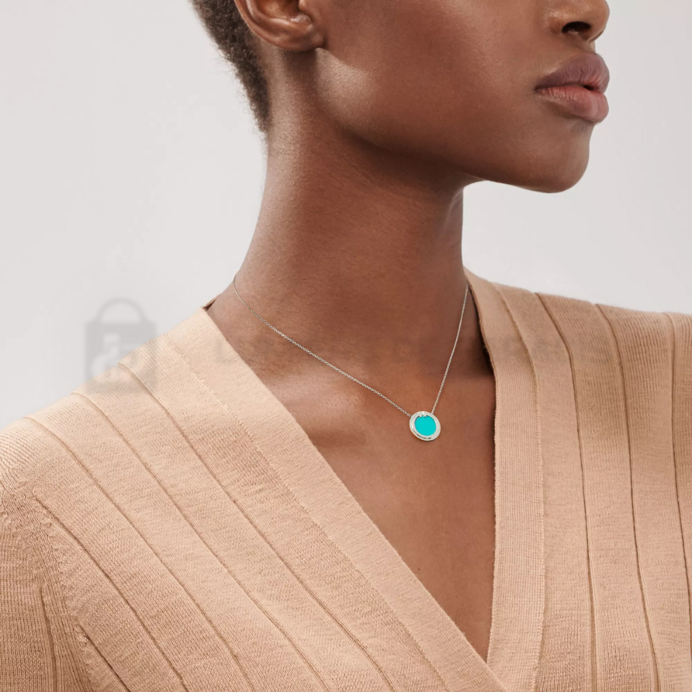 Pırlanta ve Turkuaz Taşlı Beyaz Altın Kaplama Halka Kolye – 925 Ayar Gümüş