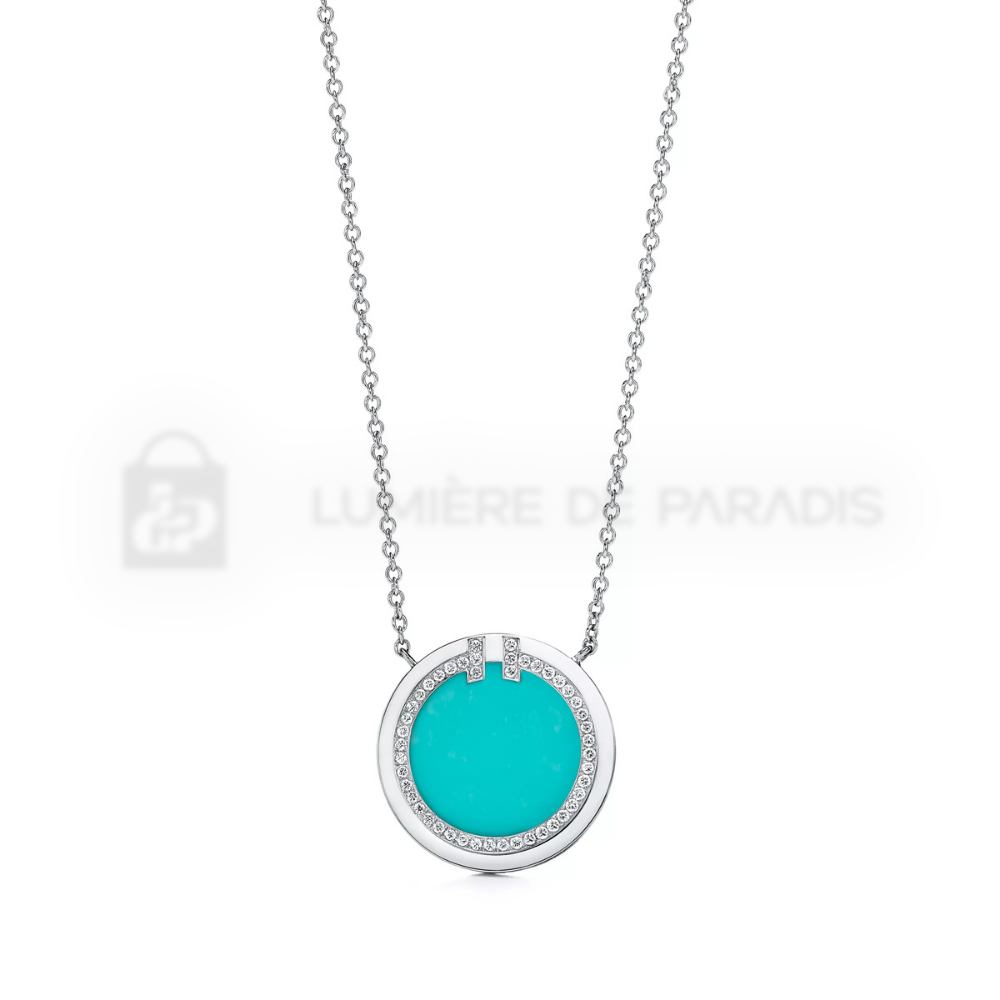 Pırlanta ve Turkuaz Taşlı Beyaz Altın Kaplama Halka Kolye – 925 Ayar Gümüş