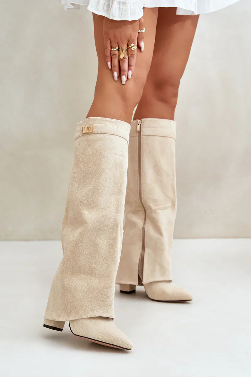 L’Amoura Haute Suede Knee-High Boots Beige Clair